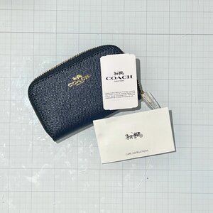 Coach Zip Around Card Coin Purse Wallet Navy Micro Holder Crossgrain Leather SLG